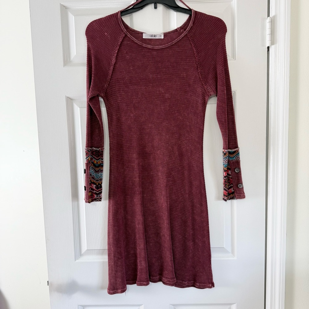 Able Burgundy Long Sleeve Boho Waffle Knit Mineral Wash Dress Patterned Cuffs Sm